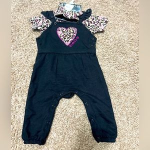 BEBE baby romper outfit leopard shirt hair bow combo 6-9m